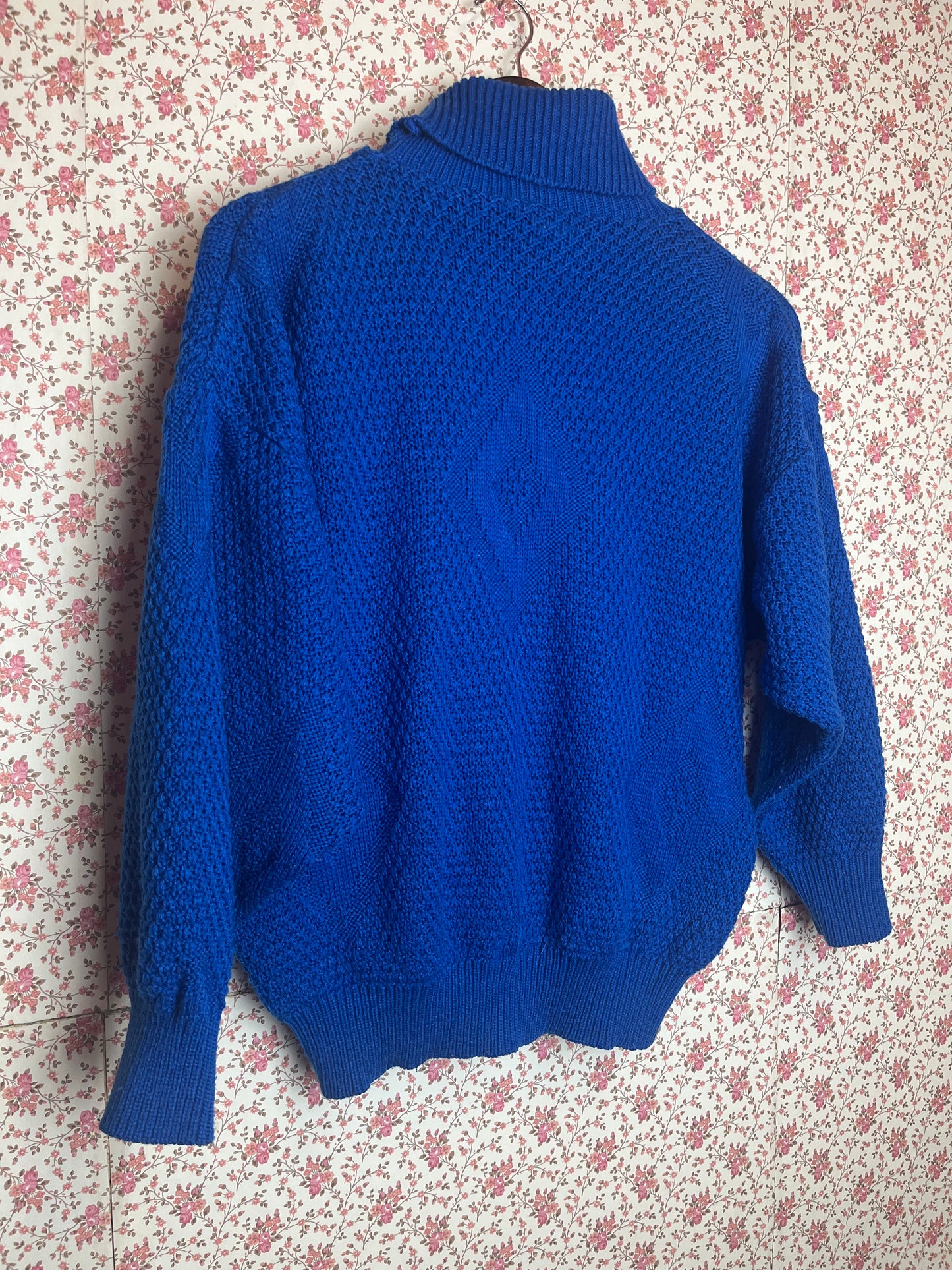 Vintage 1980s Royal Blue Knitted Batwing Roll Neck Jumper