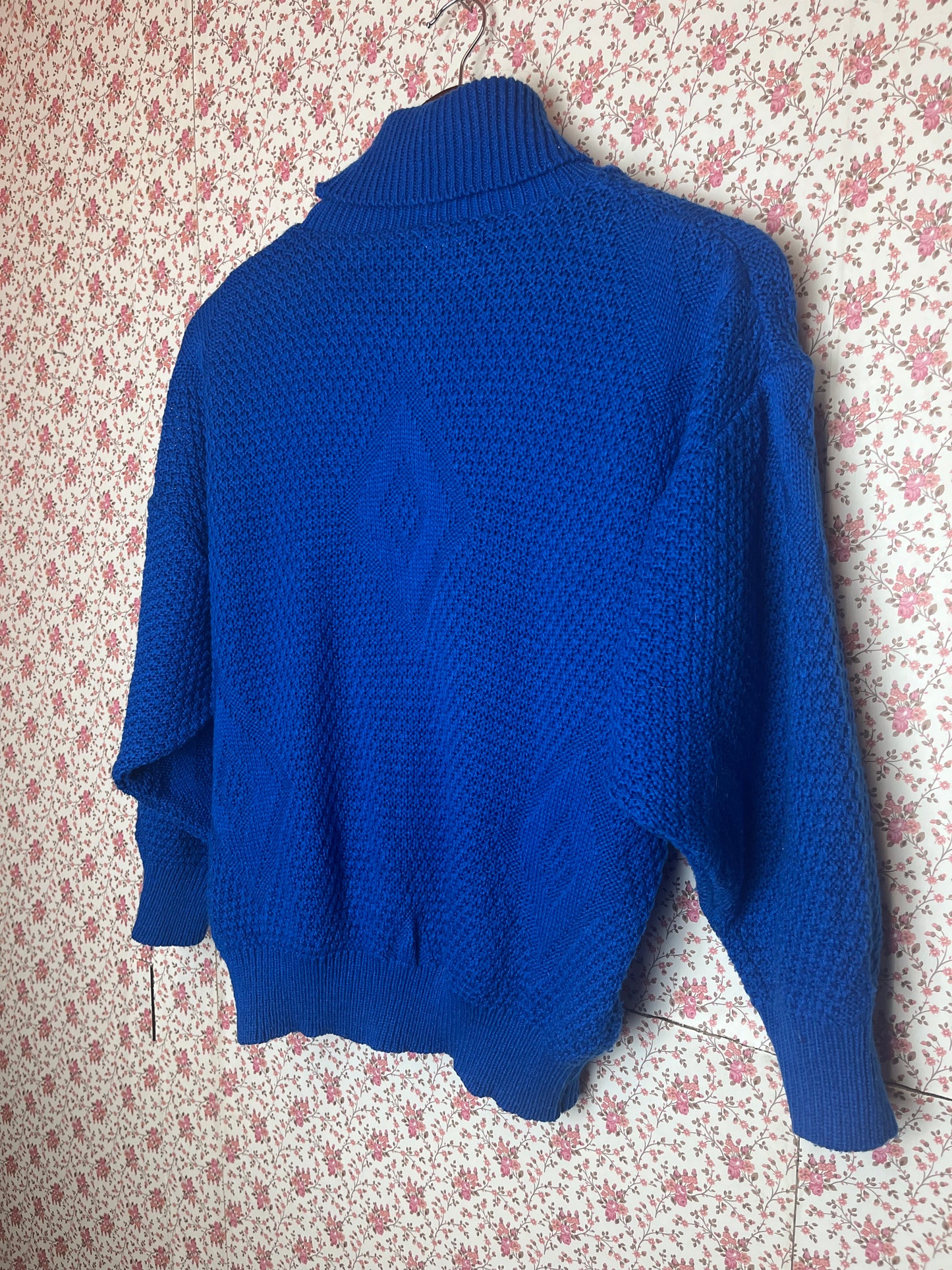 Vintage 1980s Royal Blue Knitted Batwing Roll Neck Jumper