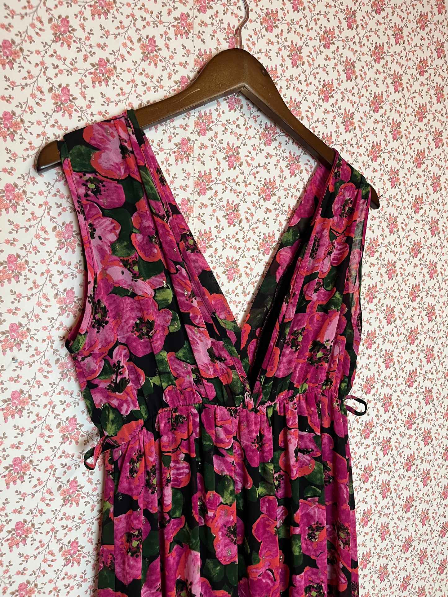 Vintage 1970s Black and Pink Floral V Neck Tiered Maxi Dress
