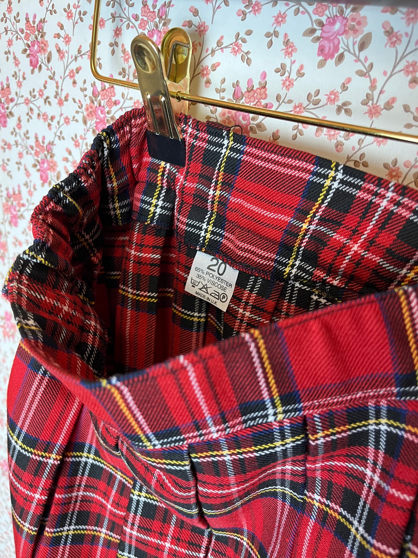 Vintage 1980s Red Tartan Checked Pleated Midi Skirt