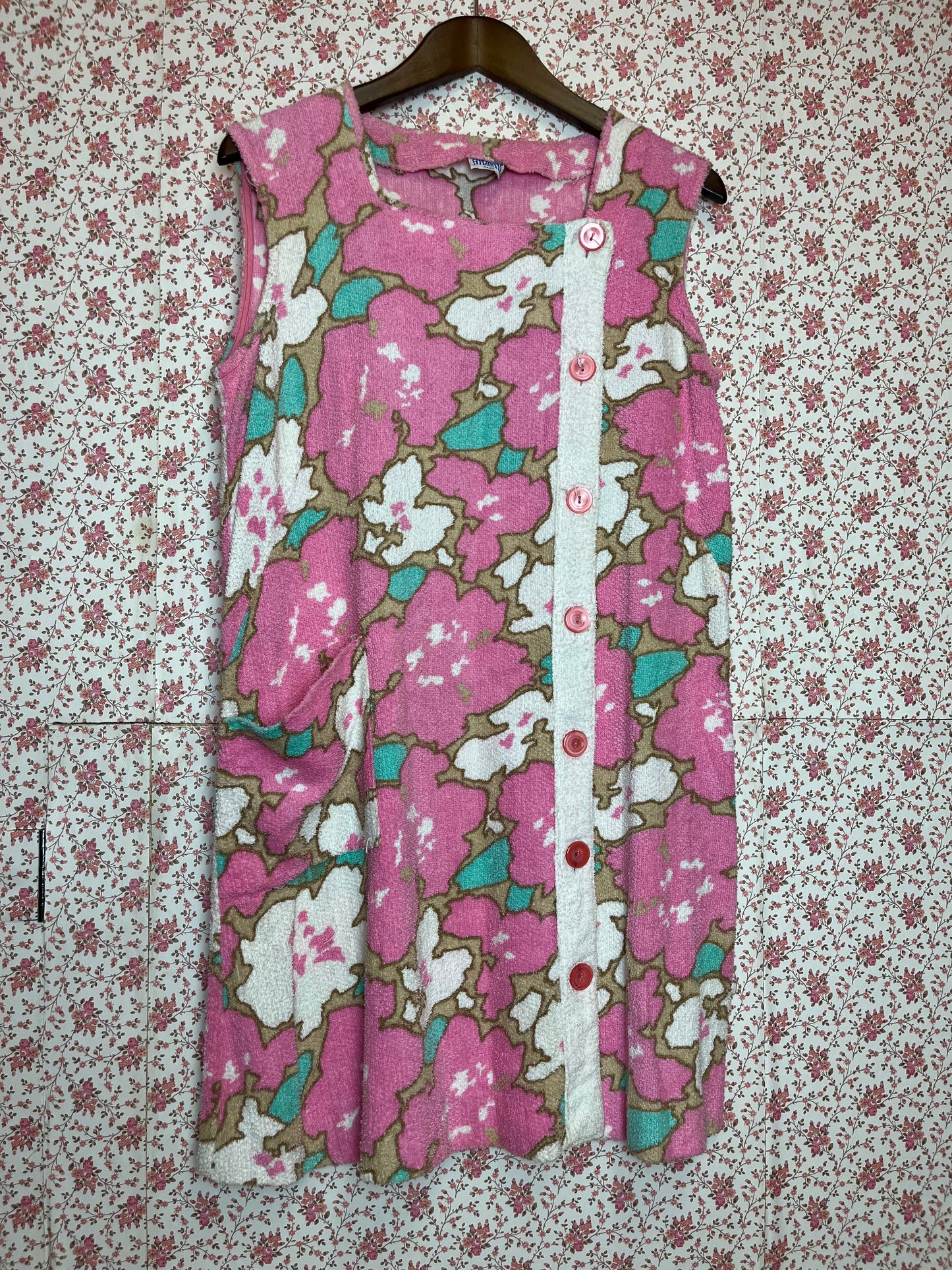 Vintage 1960s Pink & White Towelling Mini Shift Dress