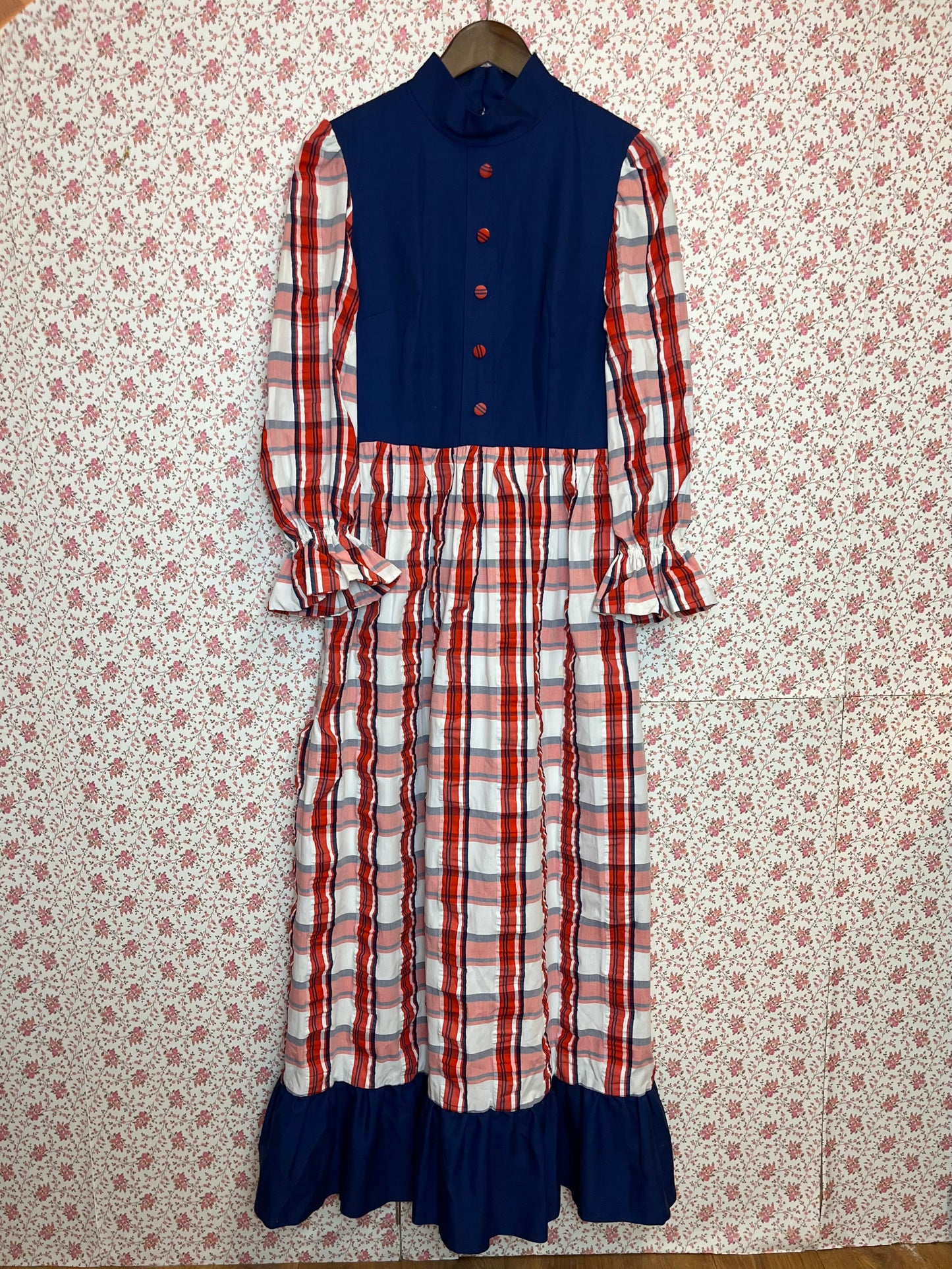 Vintage 1970s Hand Made Checked Long Sleeve Maxi Prairie Dress