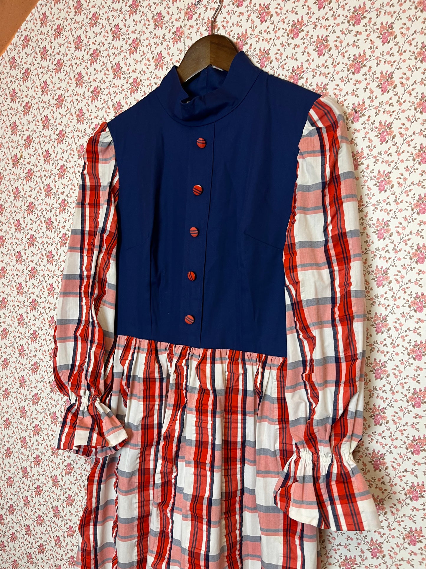 Vintage 1970s Hand Made Checked Long Sleeve Maxi Prairie Dress