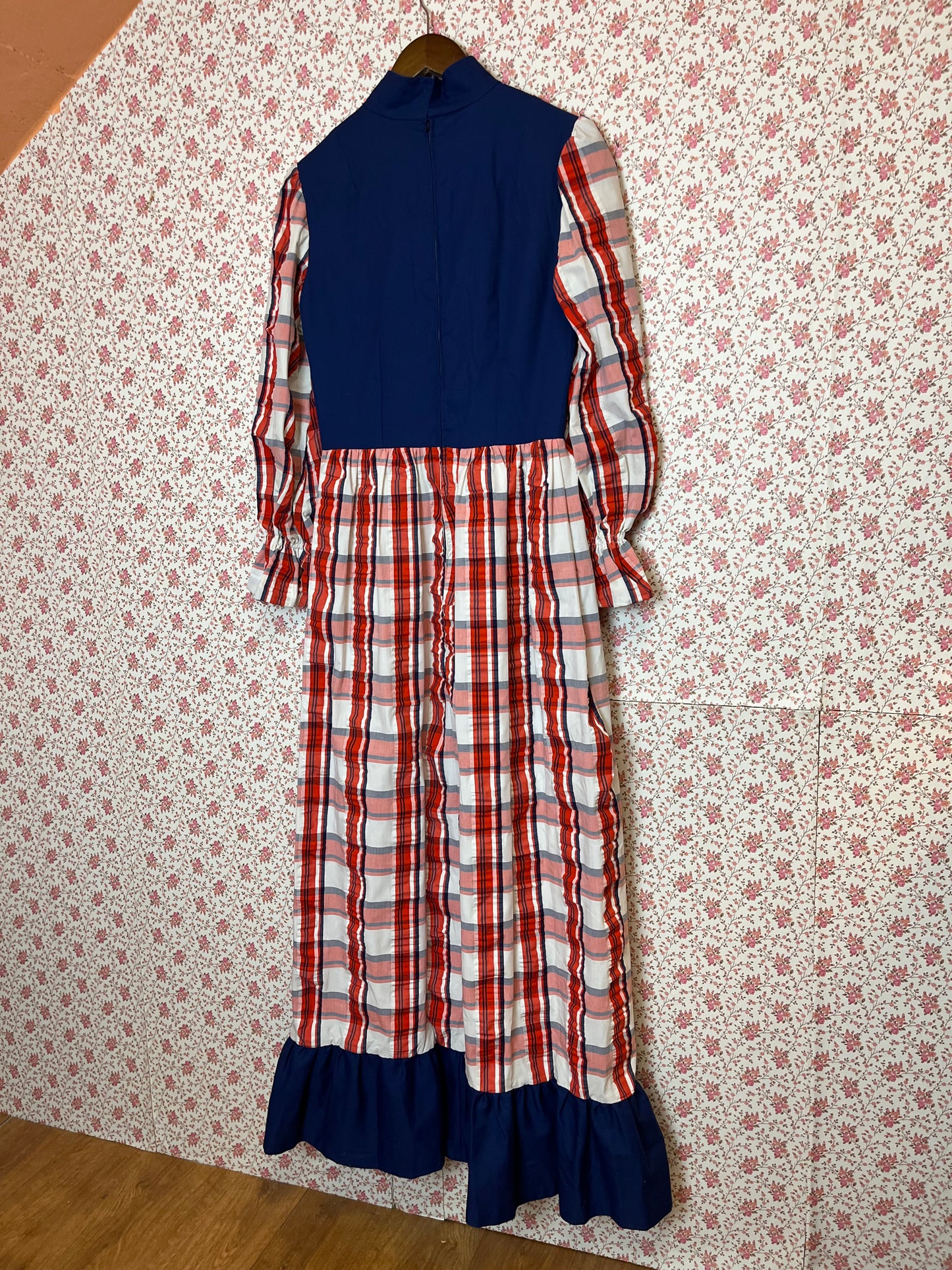 Vintage 1970s Hand Made Checked Long Sleeve Maxi Prairie Dress