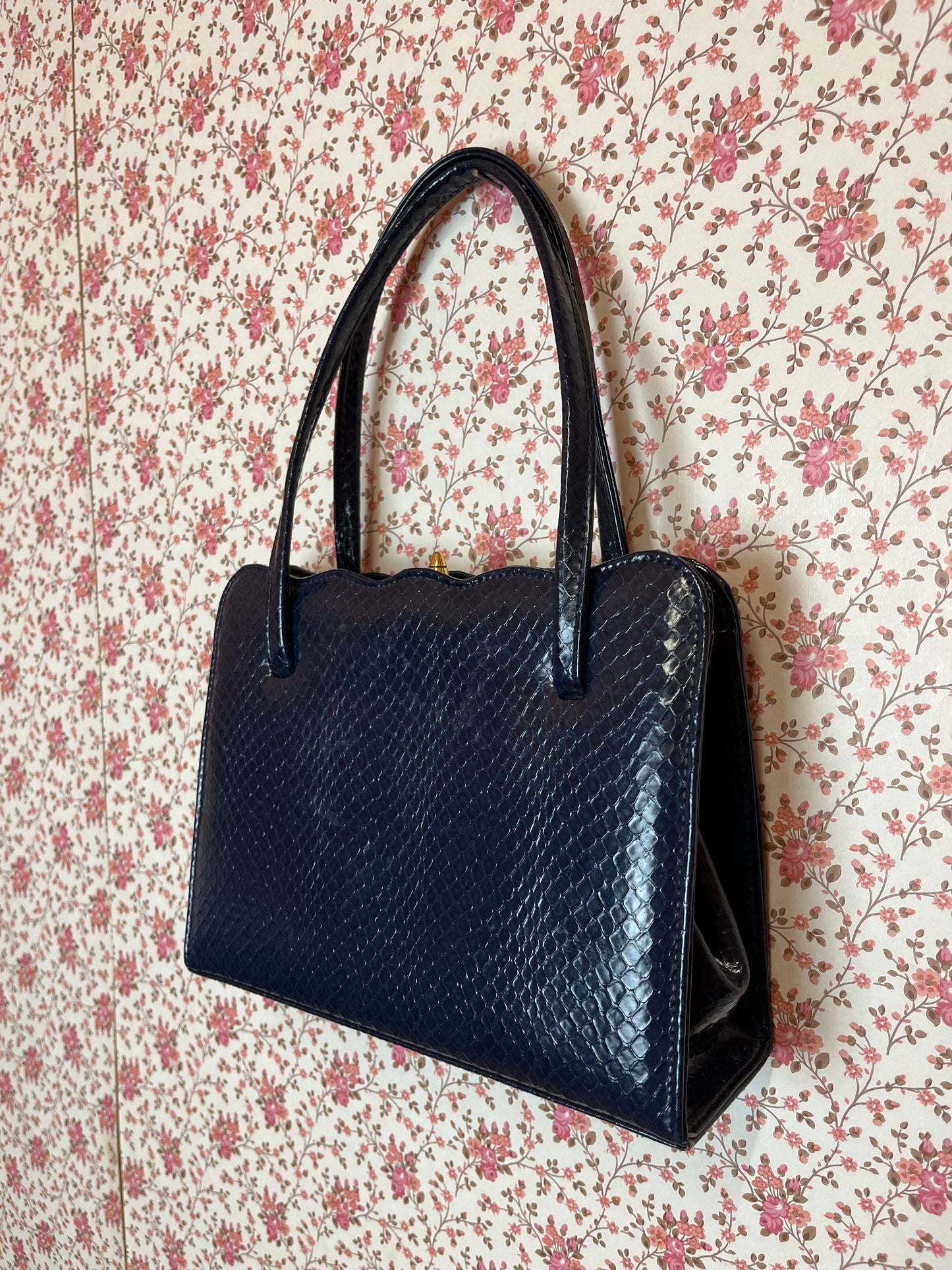 Vintage 1960s Navy Snakeskin Hand Bag