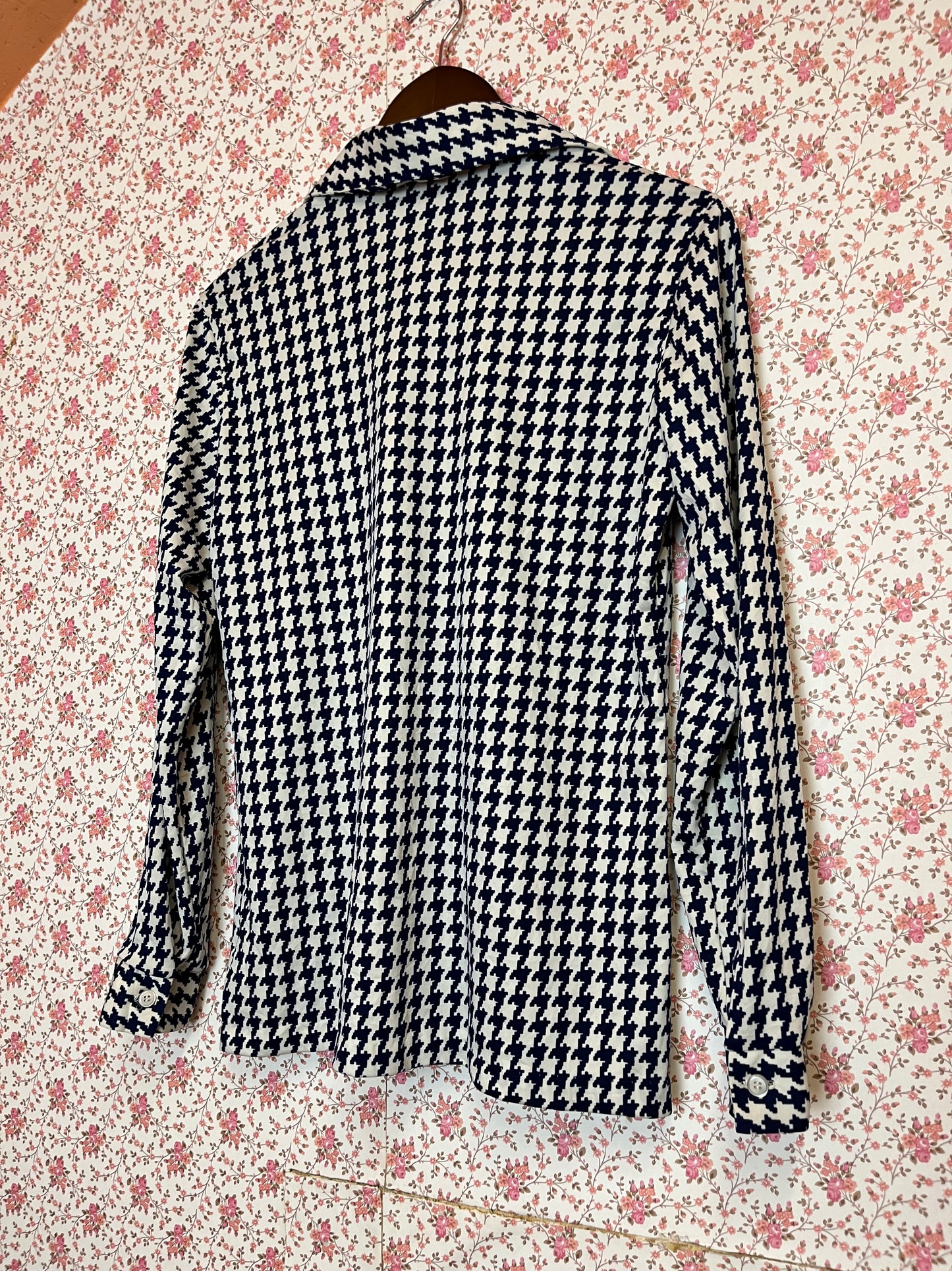 Vintage 1970s Navy Houndstooth Long Sleeve Shirt
