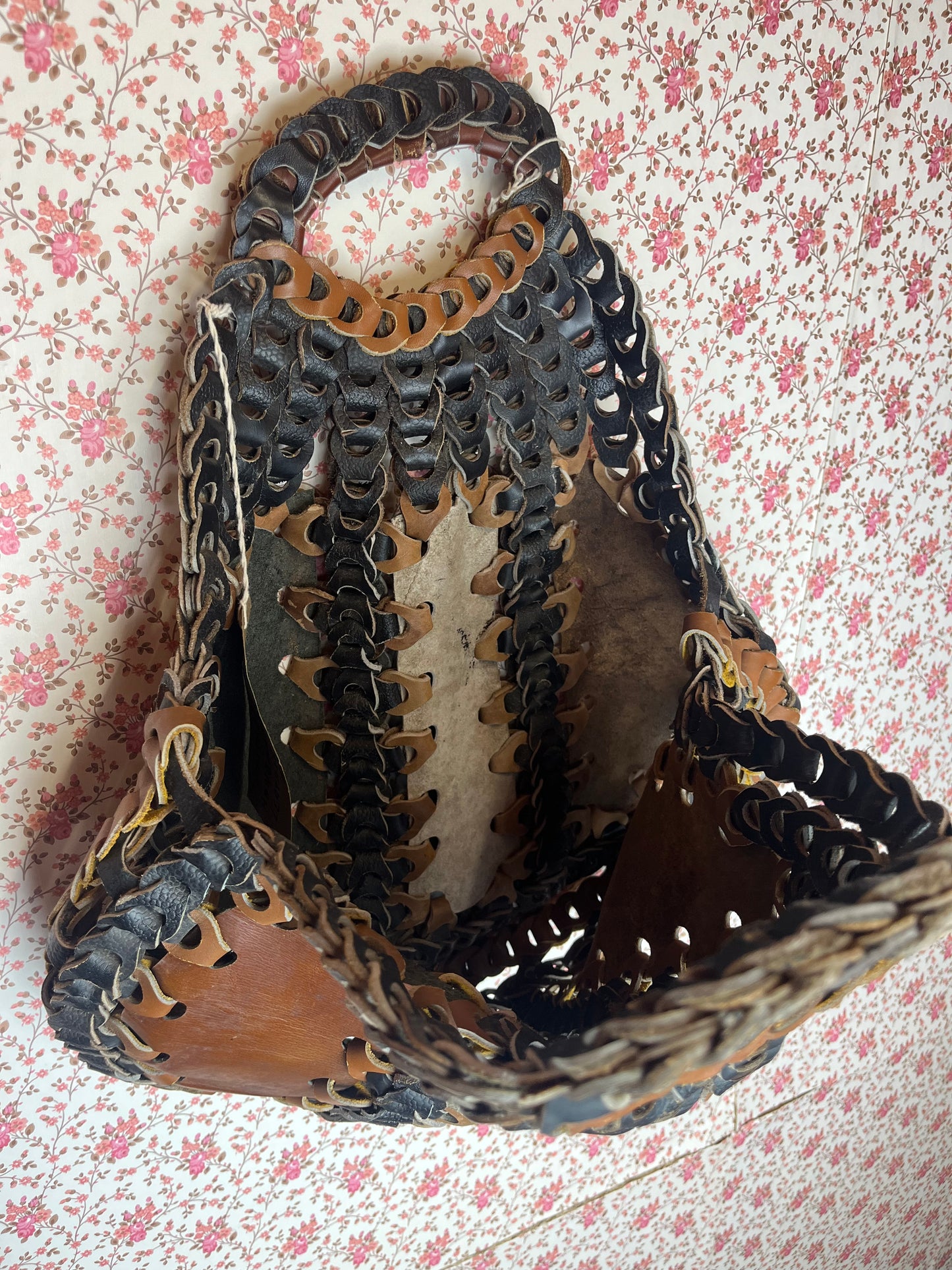 Vintage 1970s Hand Made Linked Leather Hand Bag