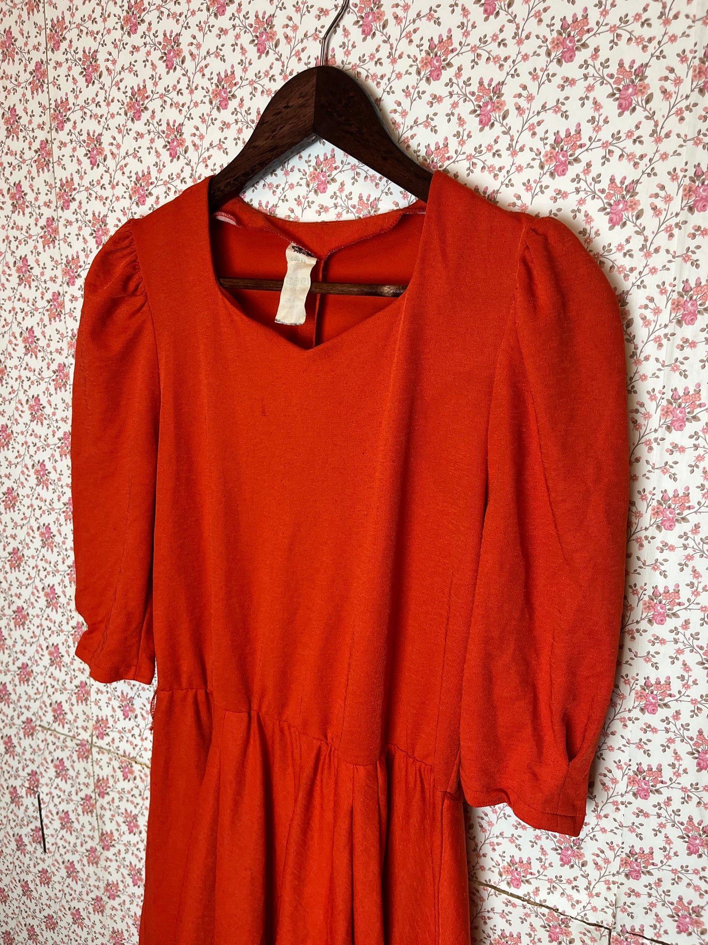 Vintage 1970s Orange Sweetheart Midi Tea Dress