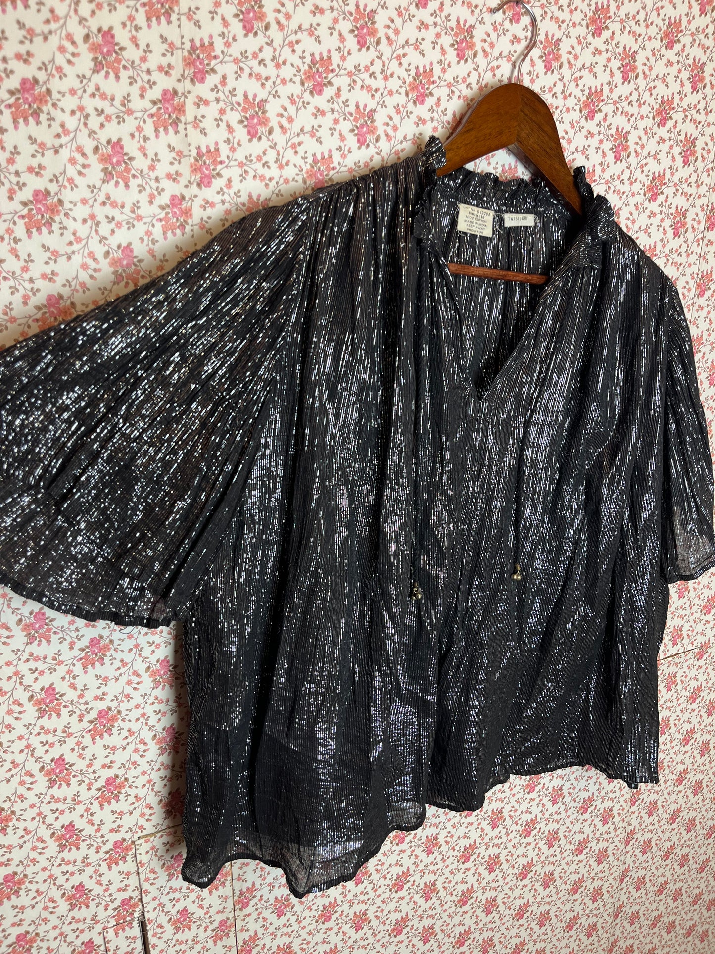 Vintage 1970s Metallic Cotton Black & Silver Crinkle Top & Skirt Set