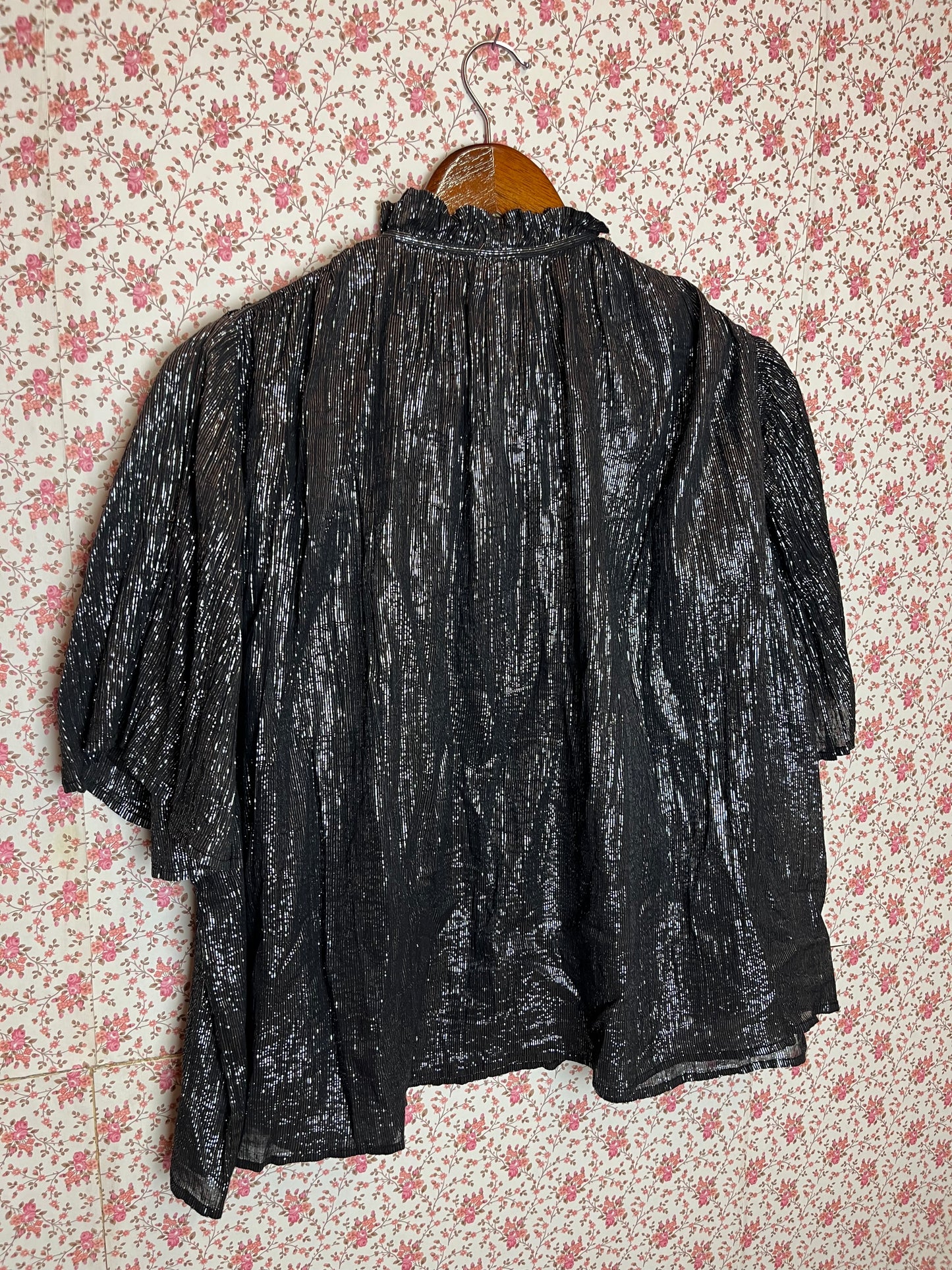 Vintage 1970s Metallic Cotton Black & Silver Crinkle Top & Skirt Set