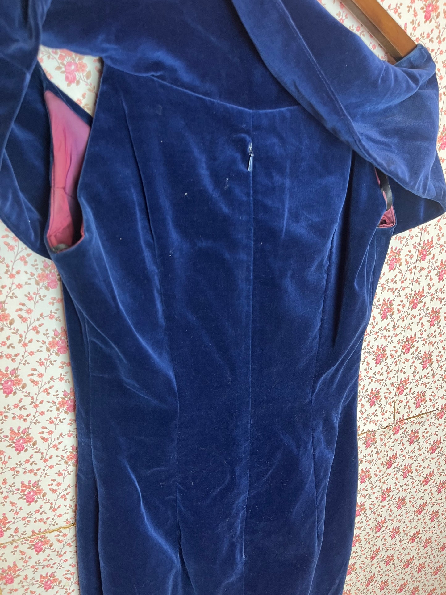 Vintage 1950s Navy Blue Cotton Velvet Bardot Mini Dress