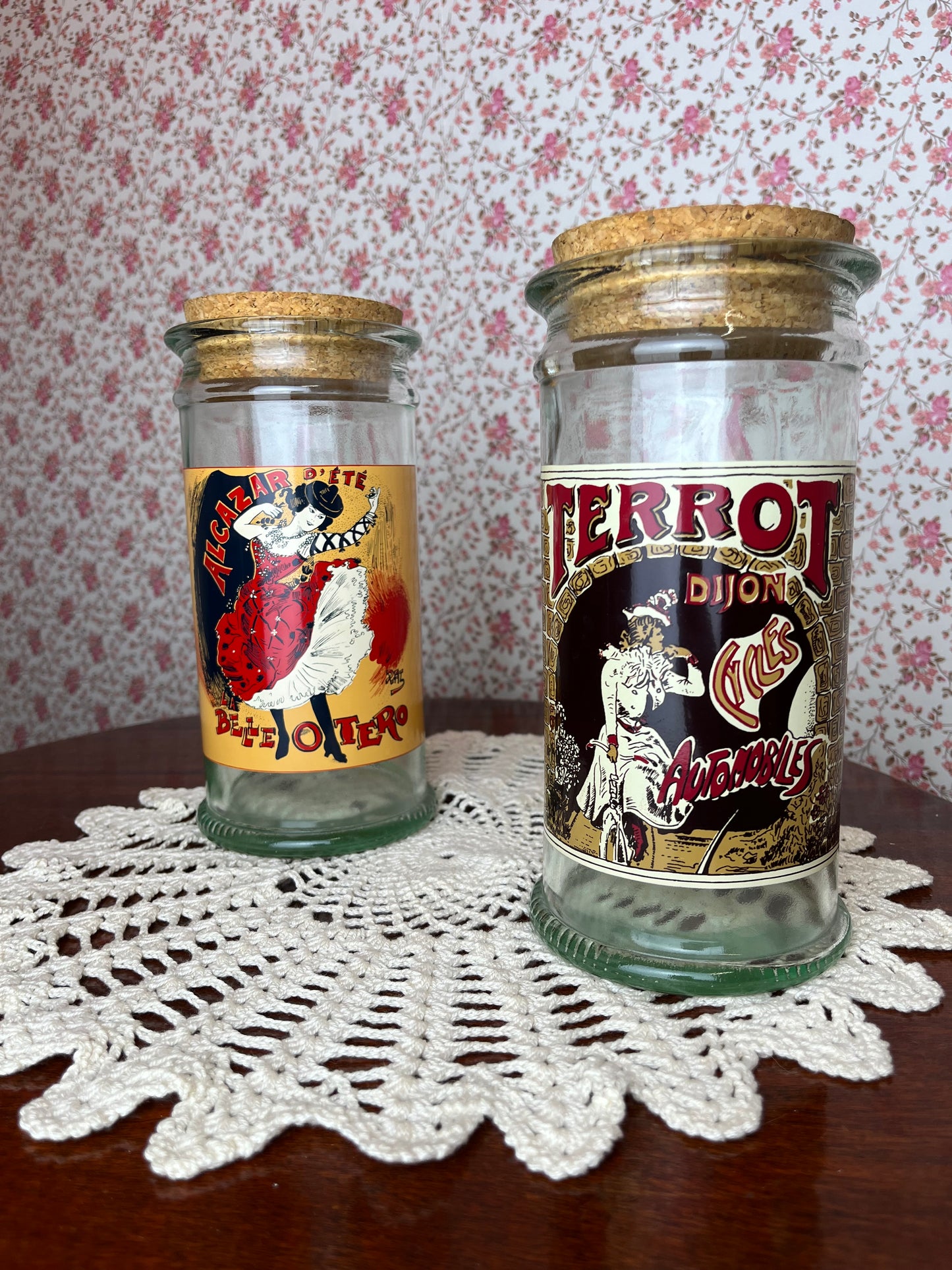 Vintage 1970s French Poster Glass Storage Jars set of 2