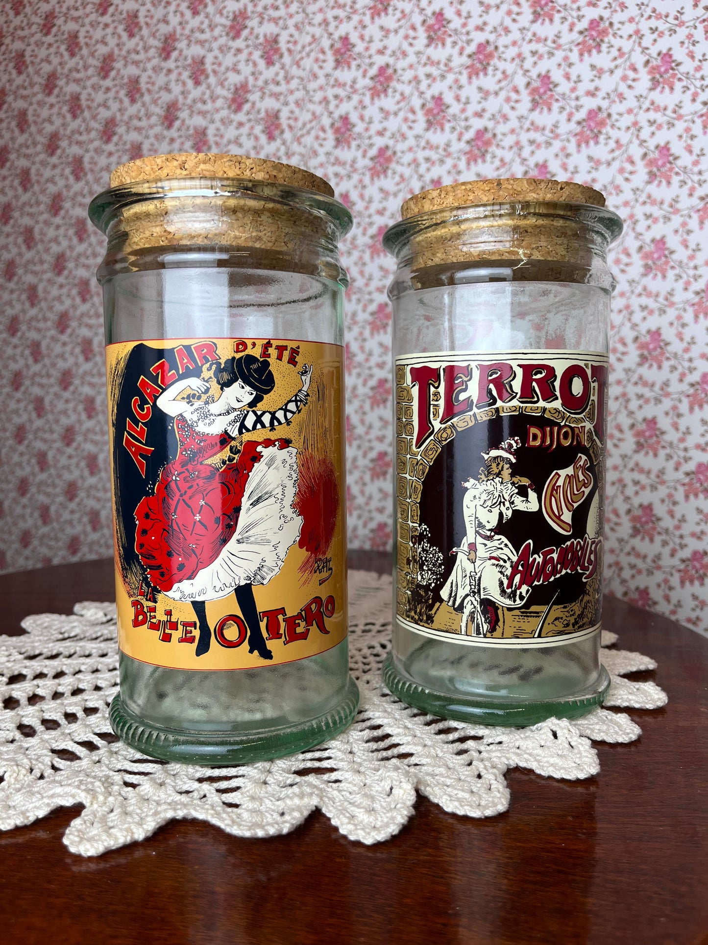 Vintage 1970s French Poster Glass Storage Jars set of 2