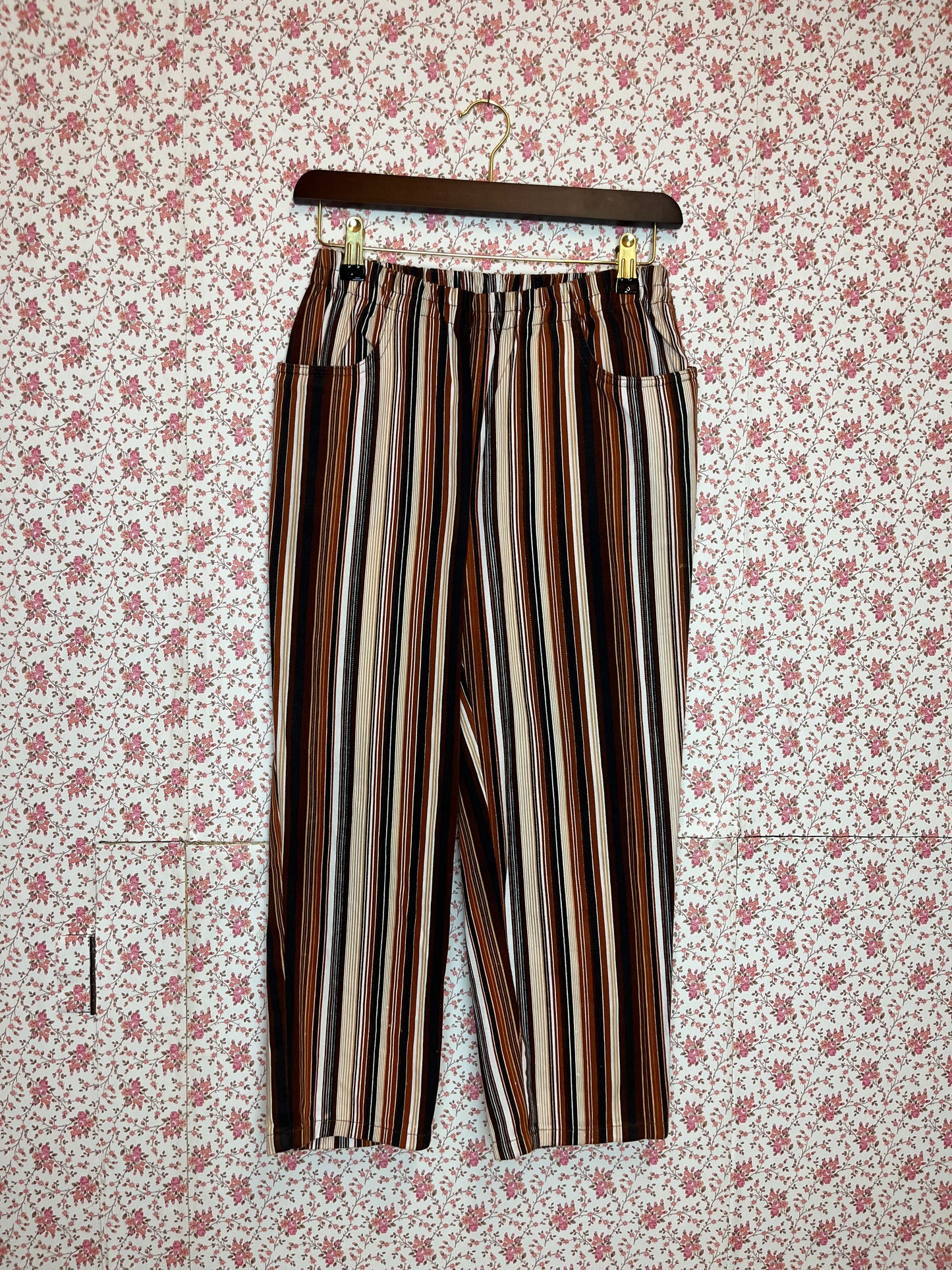 Vintage 1970s Brown Striped Cotton Cropped Trousers