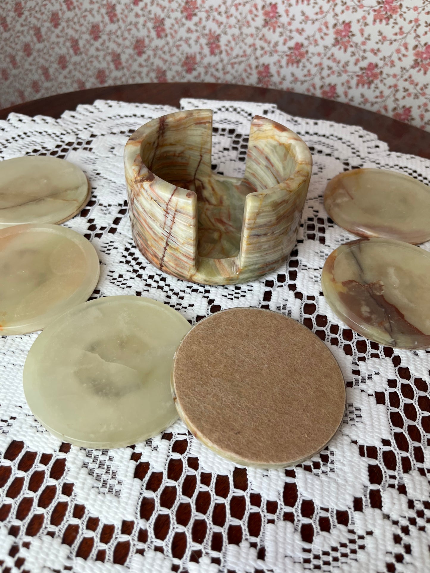 Vintage Marble Stone Coaster and Holder Set of 6