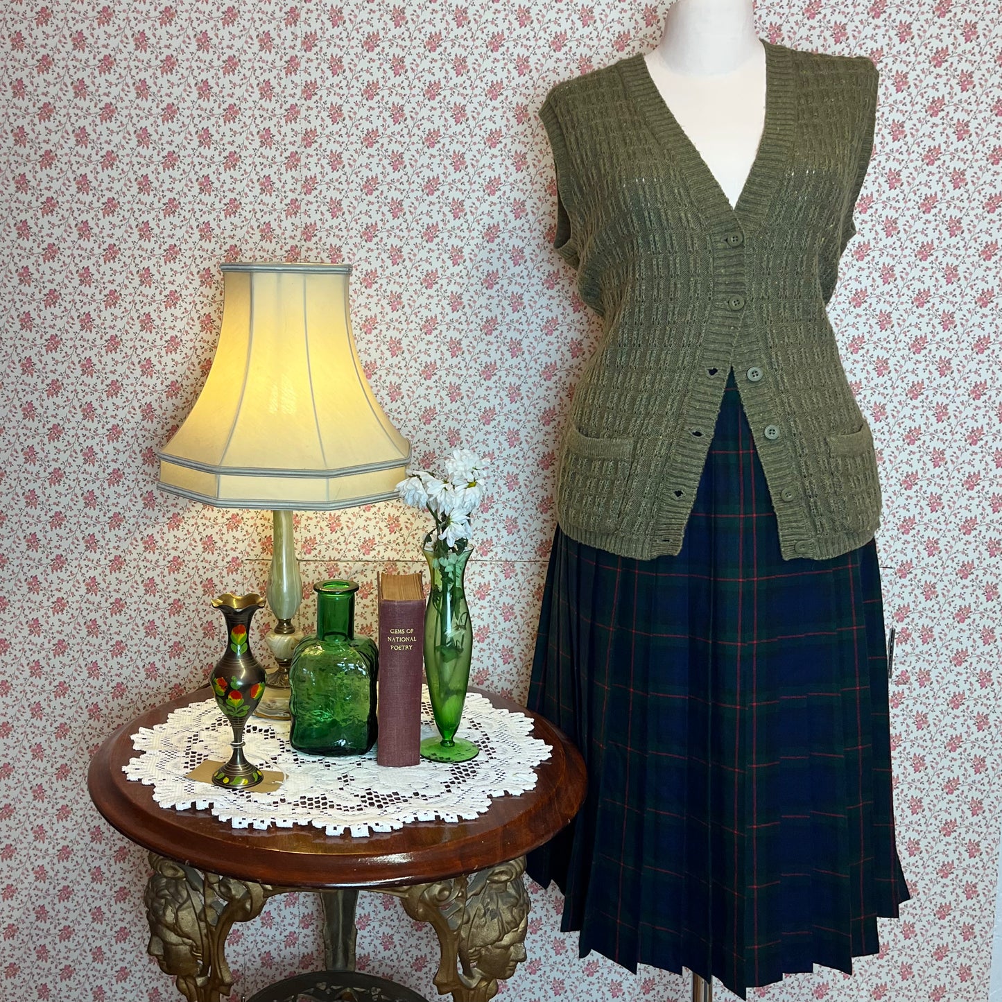 Vintage 1970s Green Blue Plaid Pleated Midi Skirt