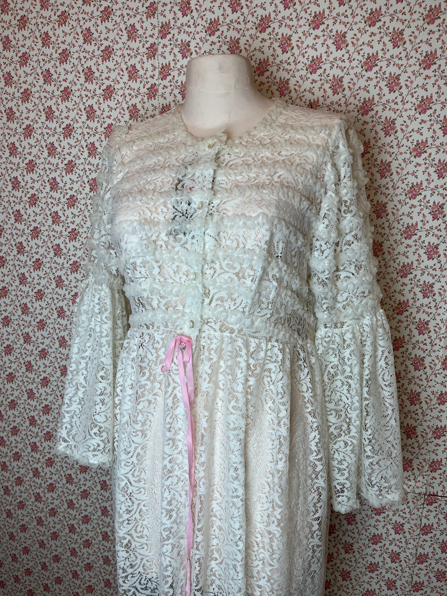 Vintage 1970s Dorothy Perkins Full Lace Sheer White Gown