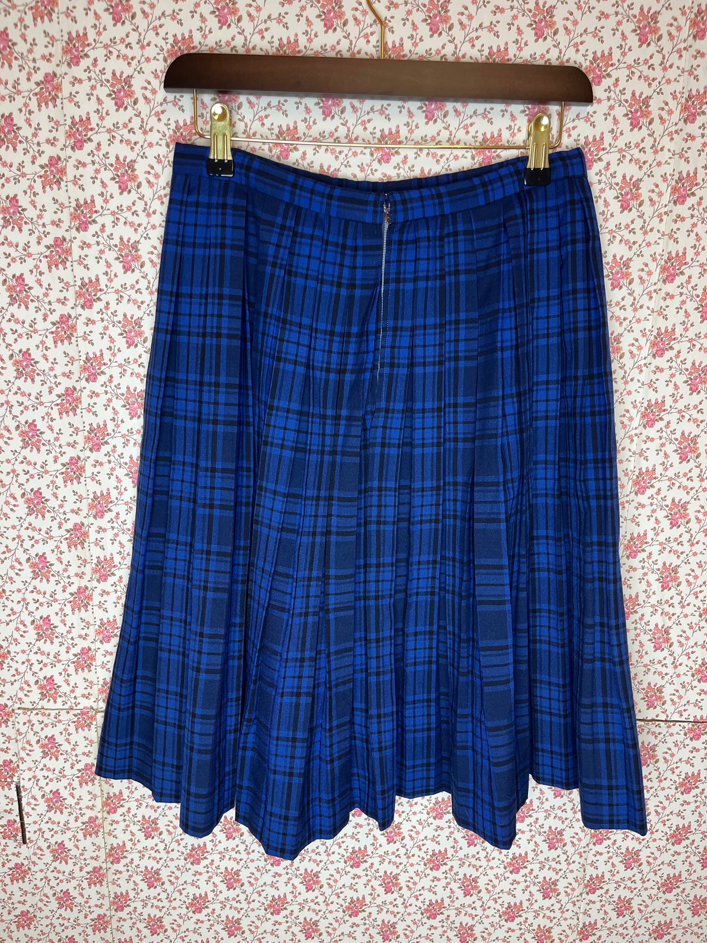 Vintage 1970s Handmade Blue Plaid Pleated Midi Skirt