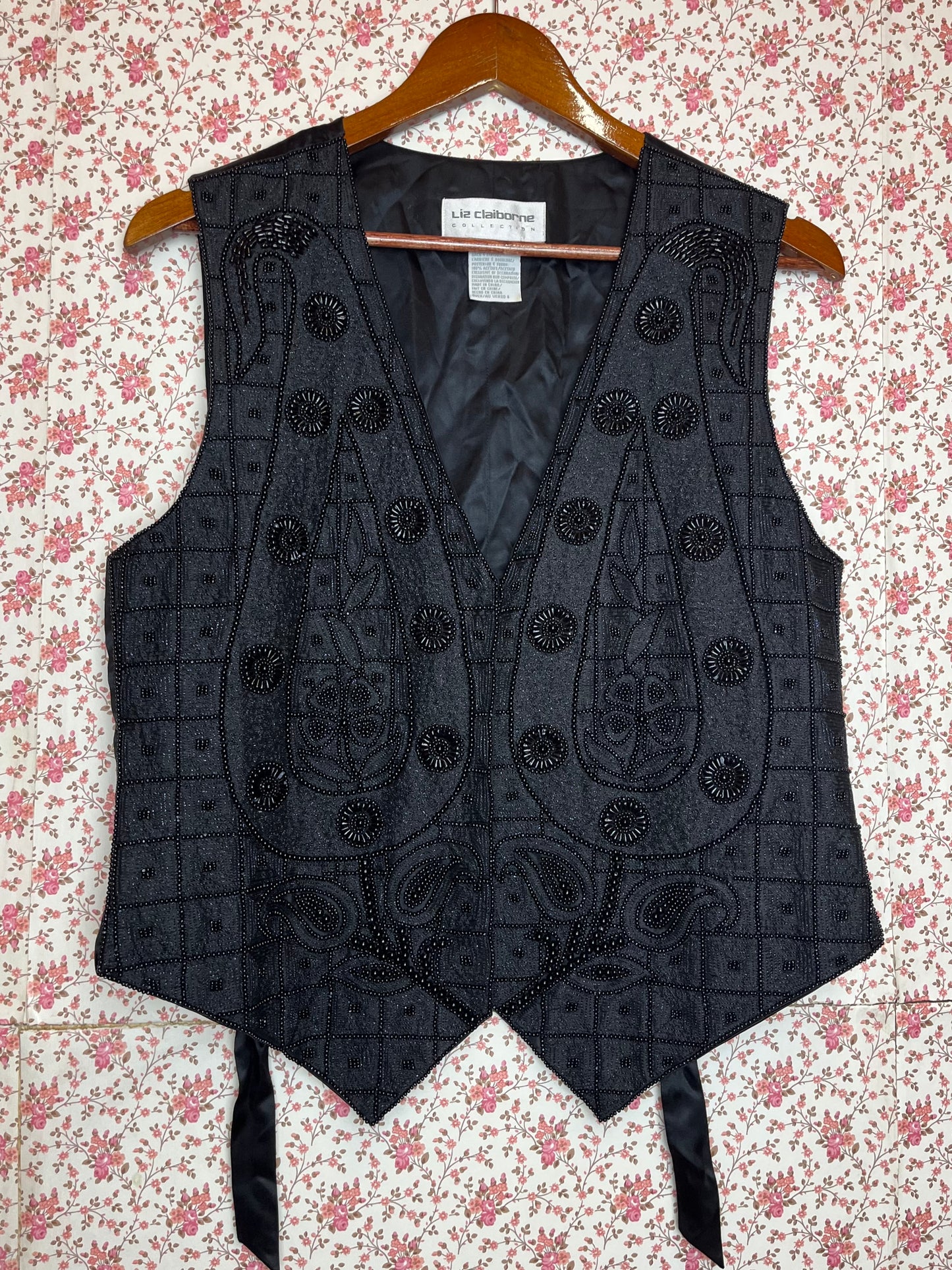 Vintage 90s Heavily Beaded Black Silk Waistcoat