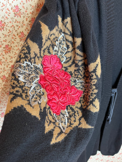 Vintage 1980s Patchwork Cardigan with Floral Decal and Tie Up