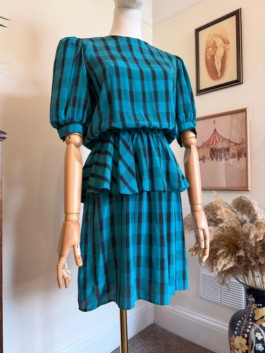 Vintage 1980s Checked Peplum Mini Dress - Size Small/Medium