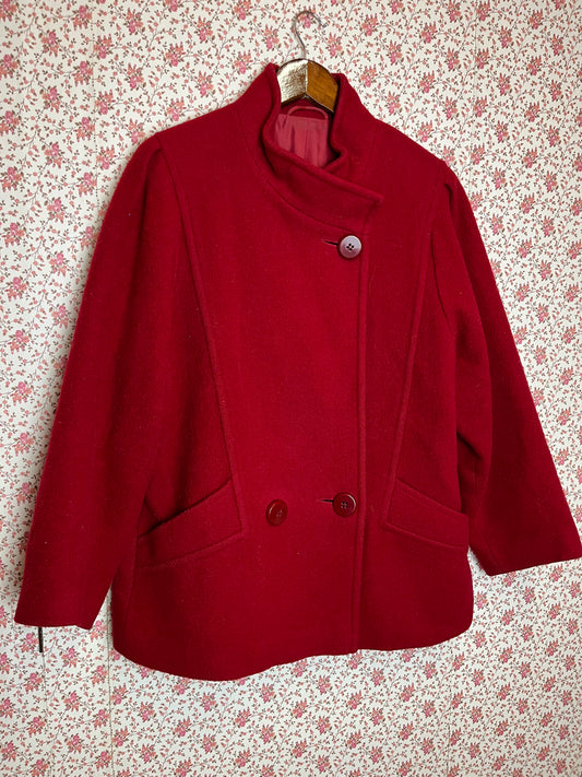 Vintage 1960s Funnel Neck Double Breasted Red Wool Coat