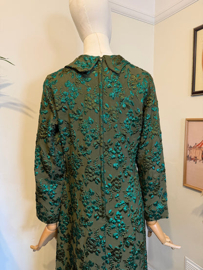 Vintage 1960s Floral Green Jacquard Column Dress - Size Medium
