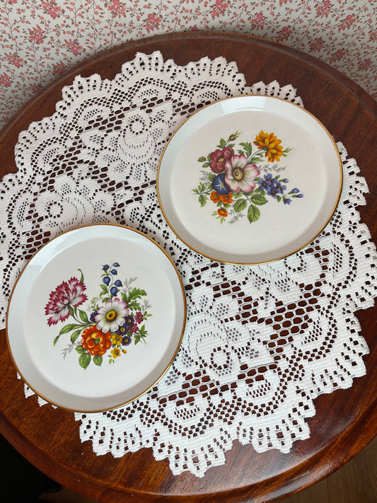 Vintage 1960s Ironstone Peony Decorated Plates with Gold Gilt Set of 2