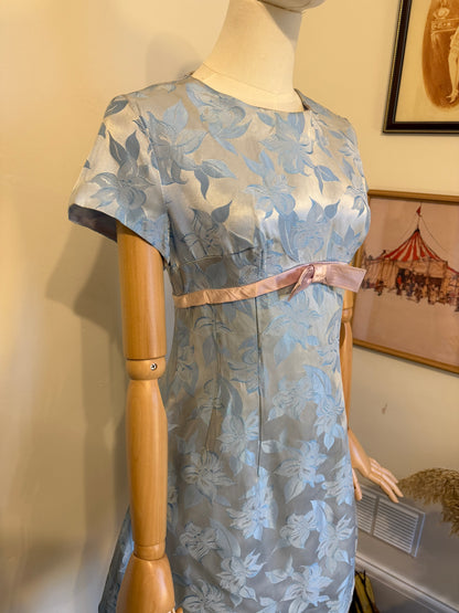 Vintage 1960s Hand Made Floral Jacquard Mini Empire Dress