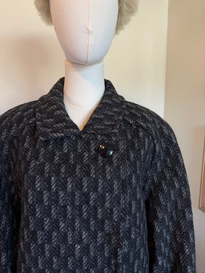 Vintage 1980s St Michael Pure New Wool Grey Herringbone Double Breasted Coat - Size X Large
