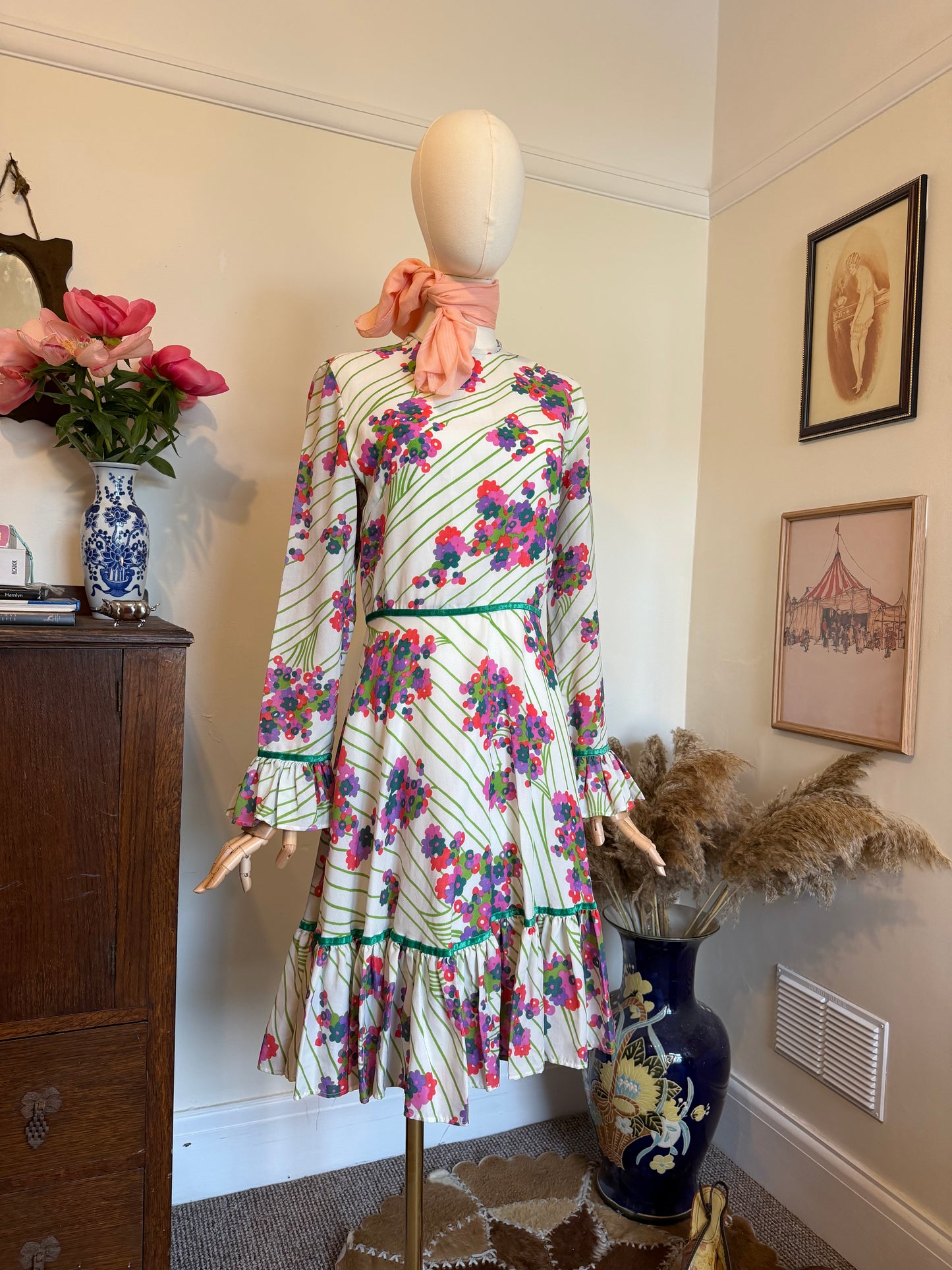 Vintage 1970s Selfridges Long Sleeve Fit & Flare Mini Dress - Size Medium