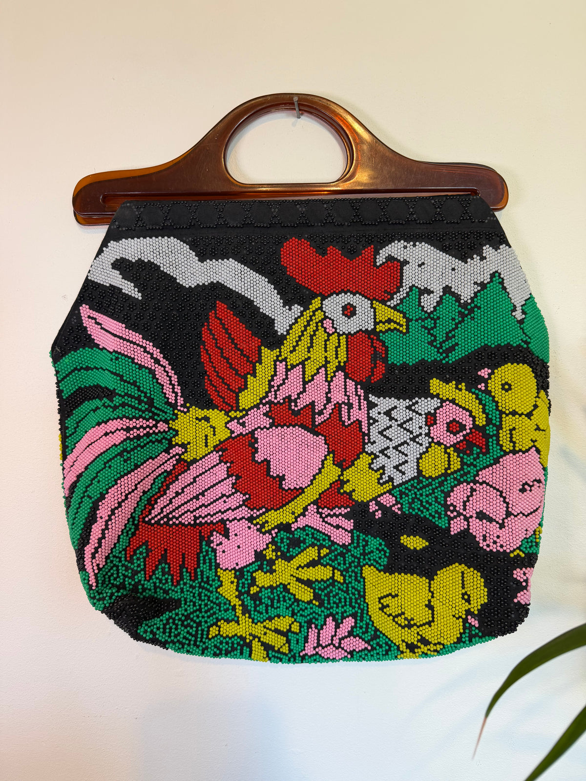 Vintage 1970s Colourful Beaded Cockerel Tapestry Bag with Lucite Handle