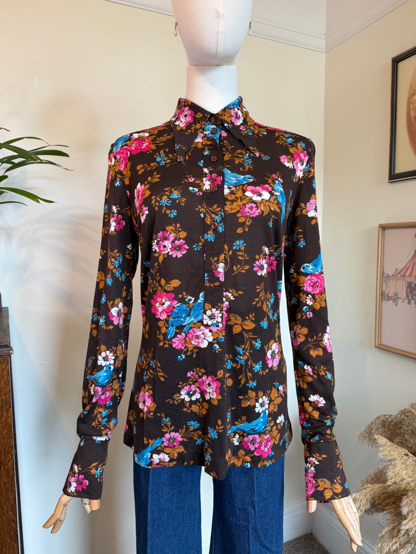 Vintage 1970s Chocolate Brown Floral Popover Shirt - Size Medium