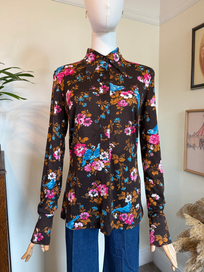 Vintage 1970s Chocolate Brown Floral Popover Shirt - Size Medium