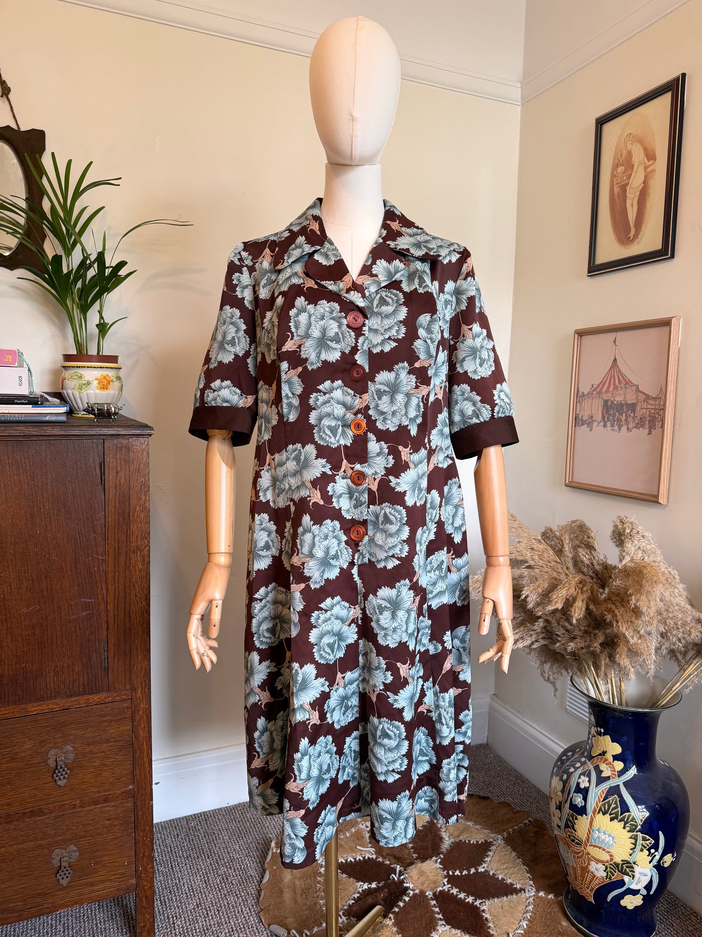 Vintage 1970s Brown & Blue Floral Tea Dress - Size Large