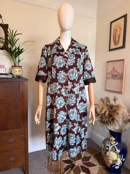 Vintage 1970s Brown & Blue Floral Tea Dress - Size Large