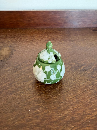 Vintage 1970s Hand Painted Thai Green Floral Ceramic Condiment Set