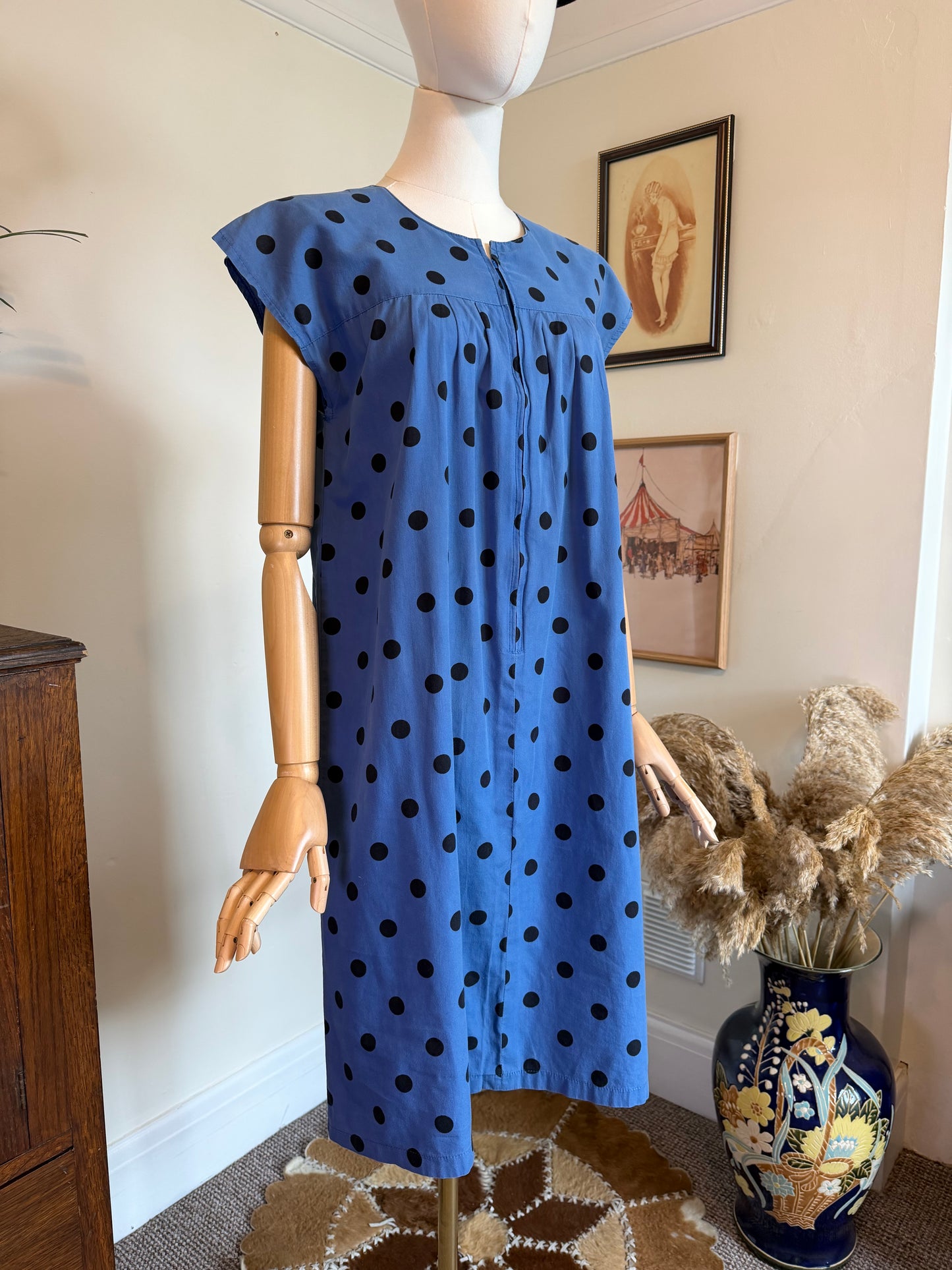 Vintage 1970s Polka Dot Workwear Shift Dress - Size Medium
