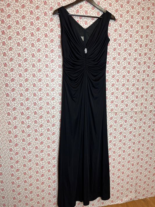 Vintage 1980s Black Ruched Evening Dress with Diamanté Brooch