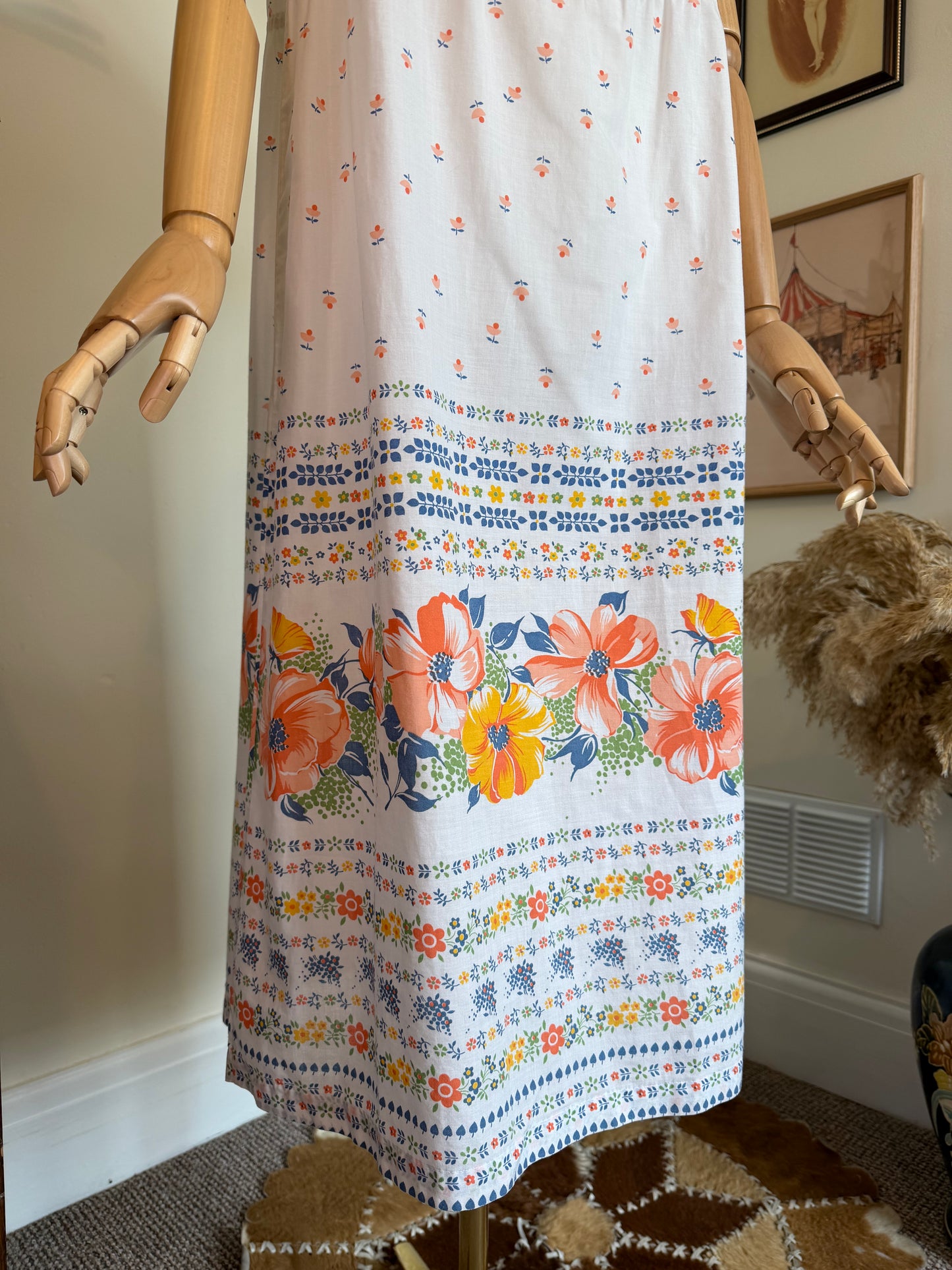 Vintage 1970s Prairie Floral Maxi Dress - Size Large