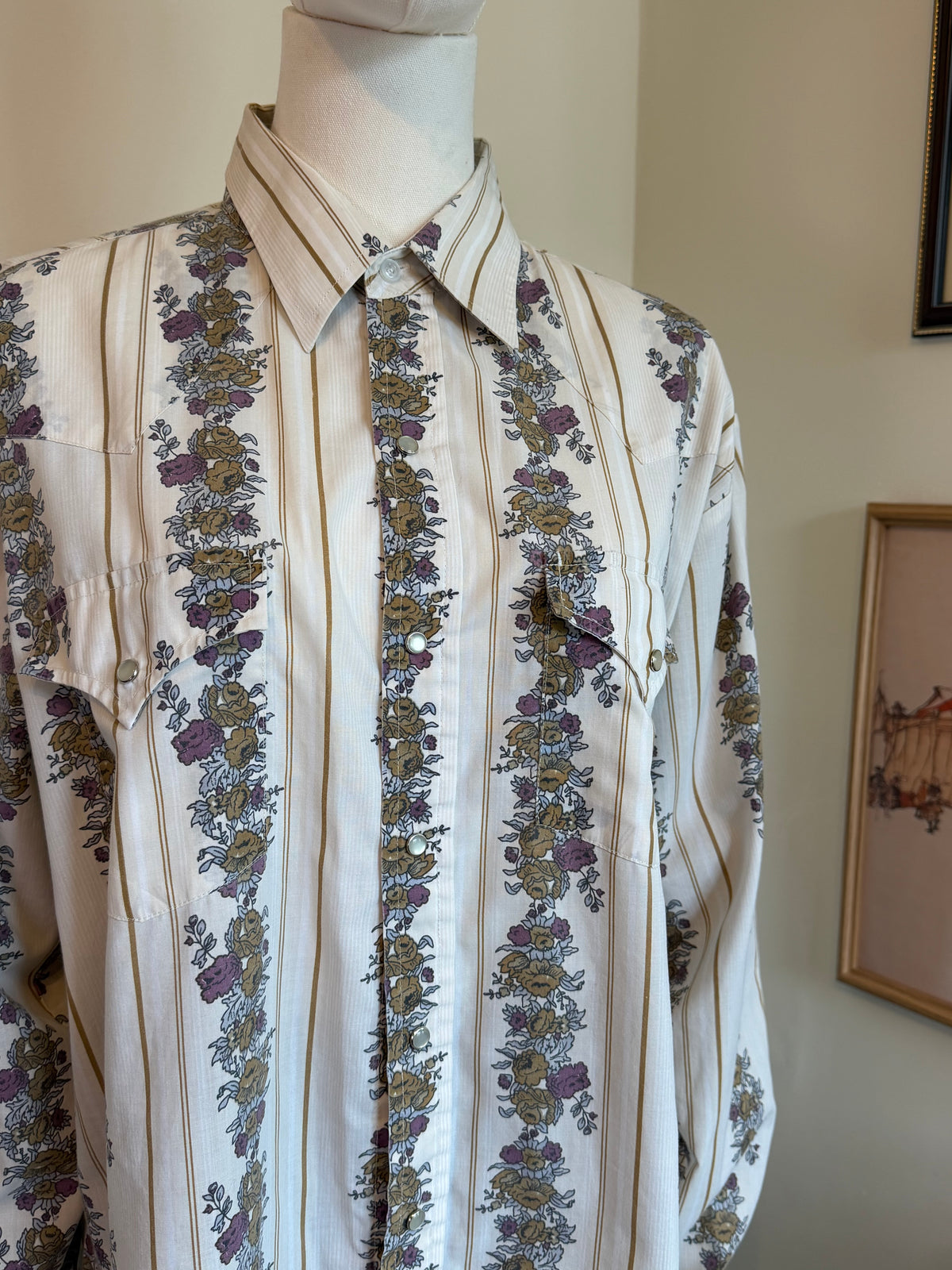 Vintage 1970s Western Floral Stripe Long Sleeve Shirt - Size X Large