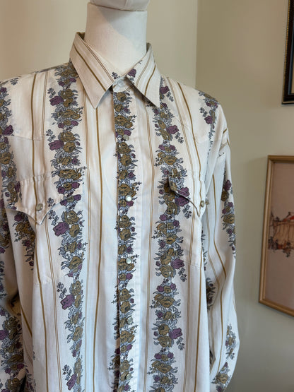 Vintage 1970s Western Floral Stripe Long Sleeve Shirt - Size X Large