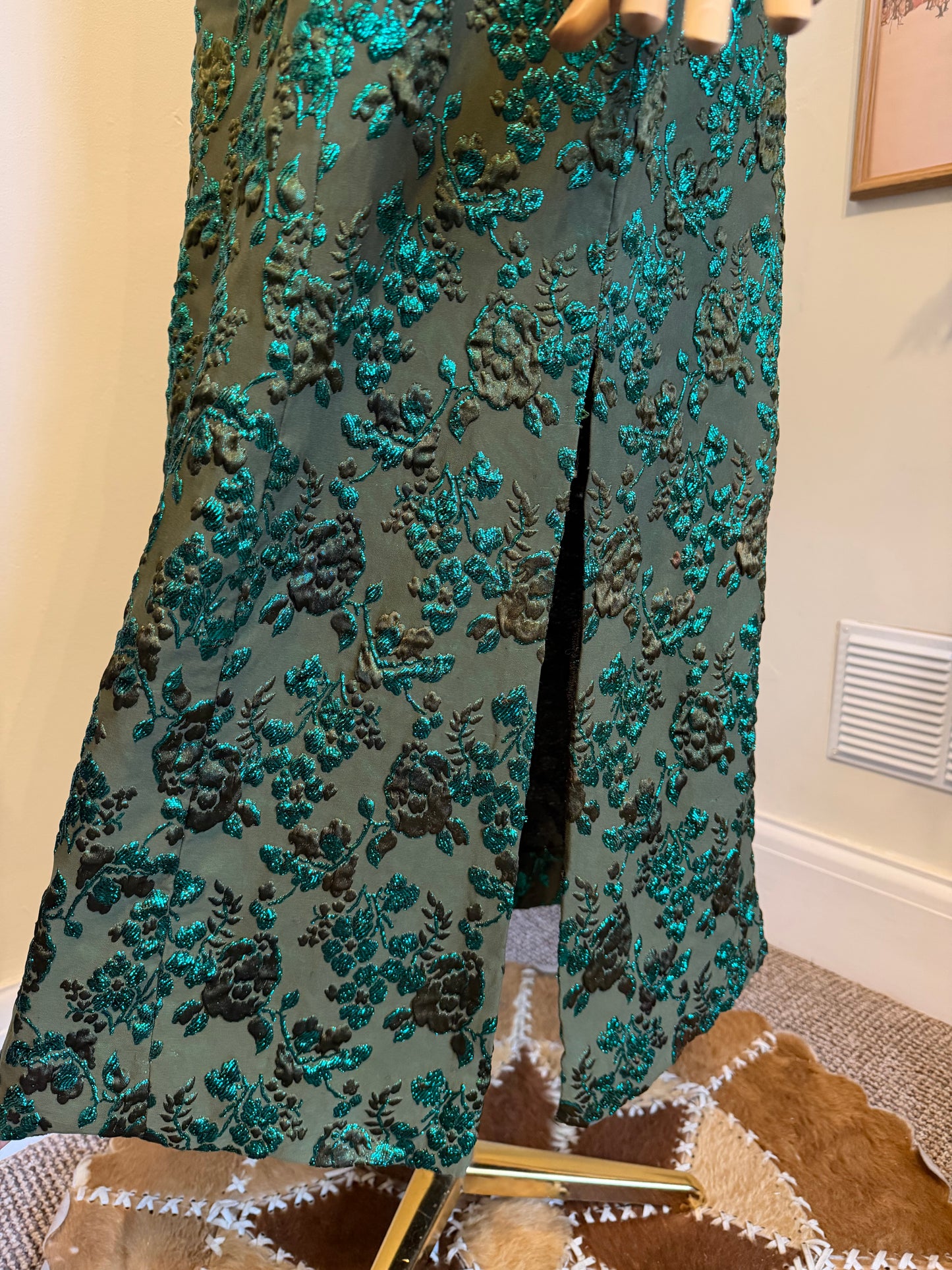 Vintage 1960s Floral Green Jacquard Column Dress - Size Medium