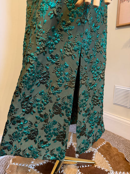 Vintage 1960s Floral Green Jacquard Column Dress - Size Medium