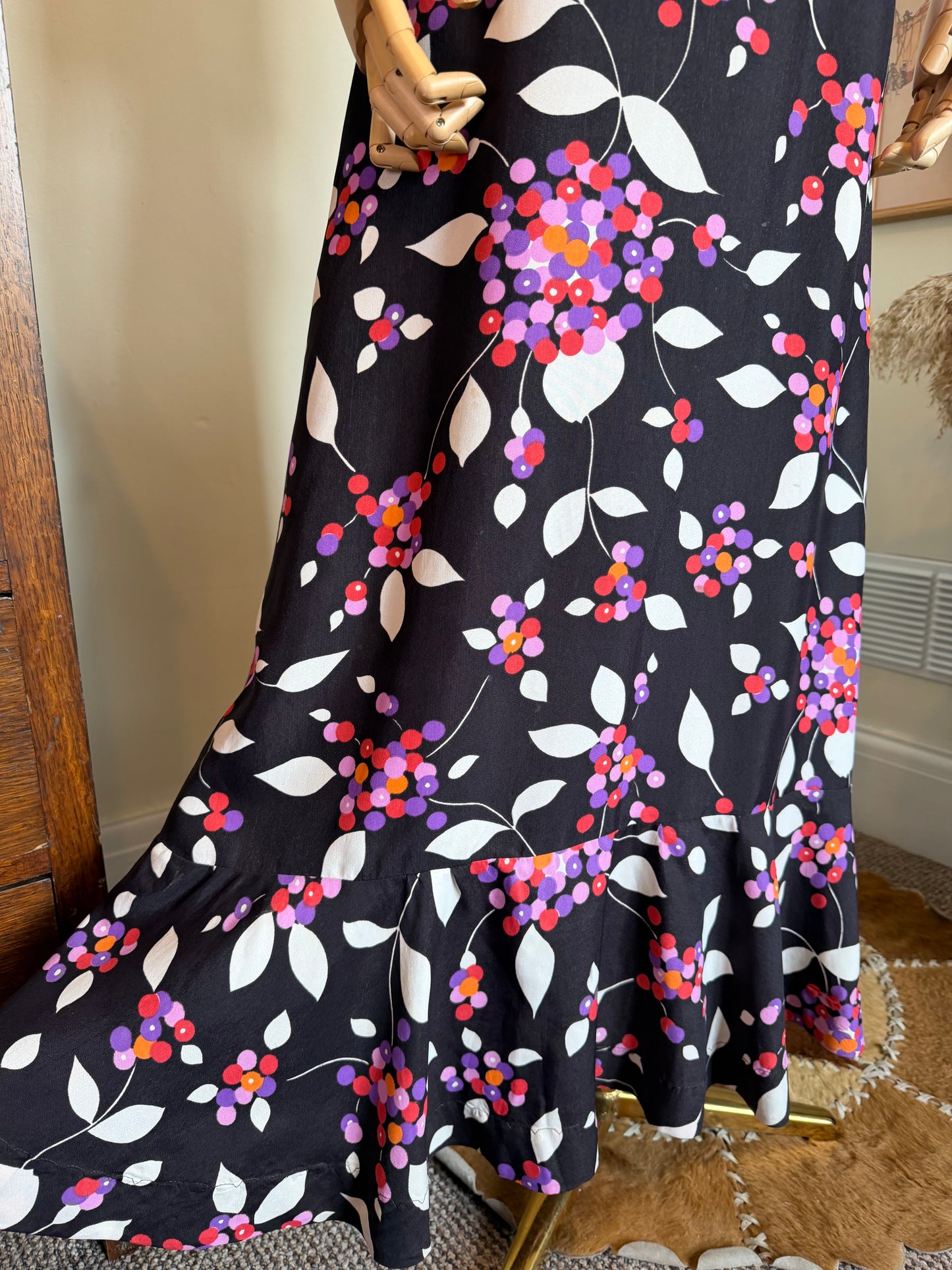 Vintage 1970s Berry Bloom Ruffled Maxi Dress - Size X Small/Small