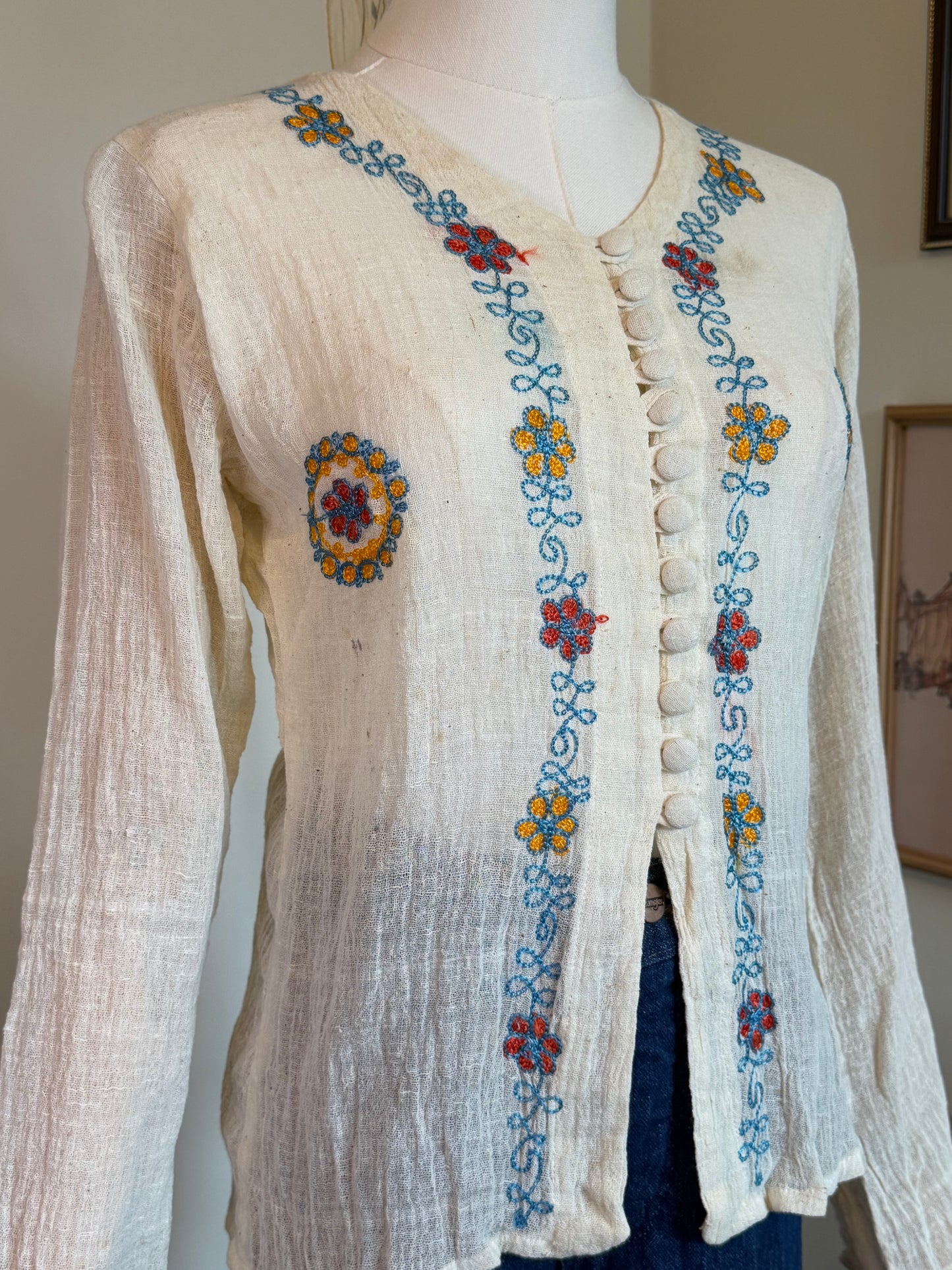 Vintage 1970s White Embroidered Cotton Folk Blouse - Size Small