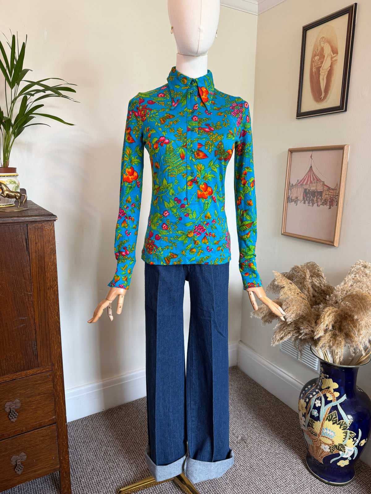 Vintage 1970s TGL Stockholm Turquoise Botanical Print Shirt - Size Small