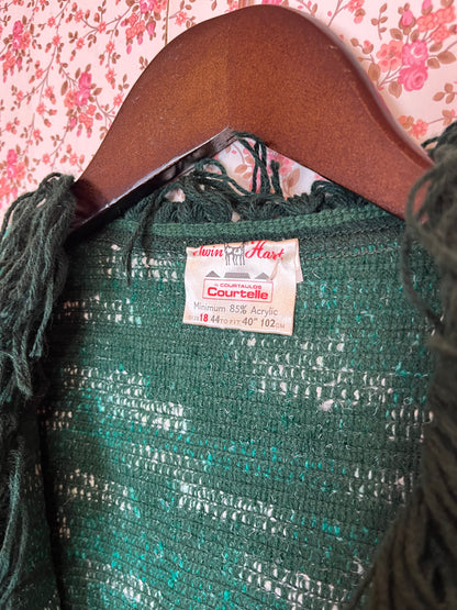 Vintage 1970s Green Tassel Knit Cardigan