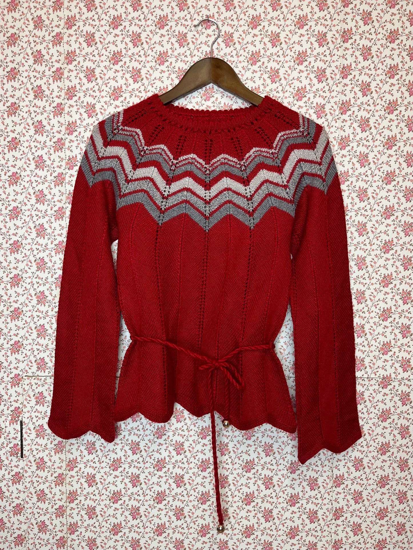 Stunning Vintage 1970s Hand Knitted Red Jumper with Zig Zag and Tie Up