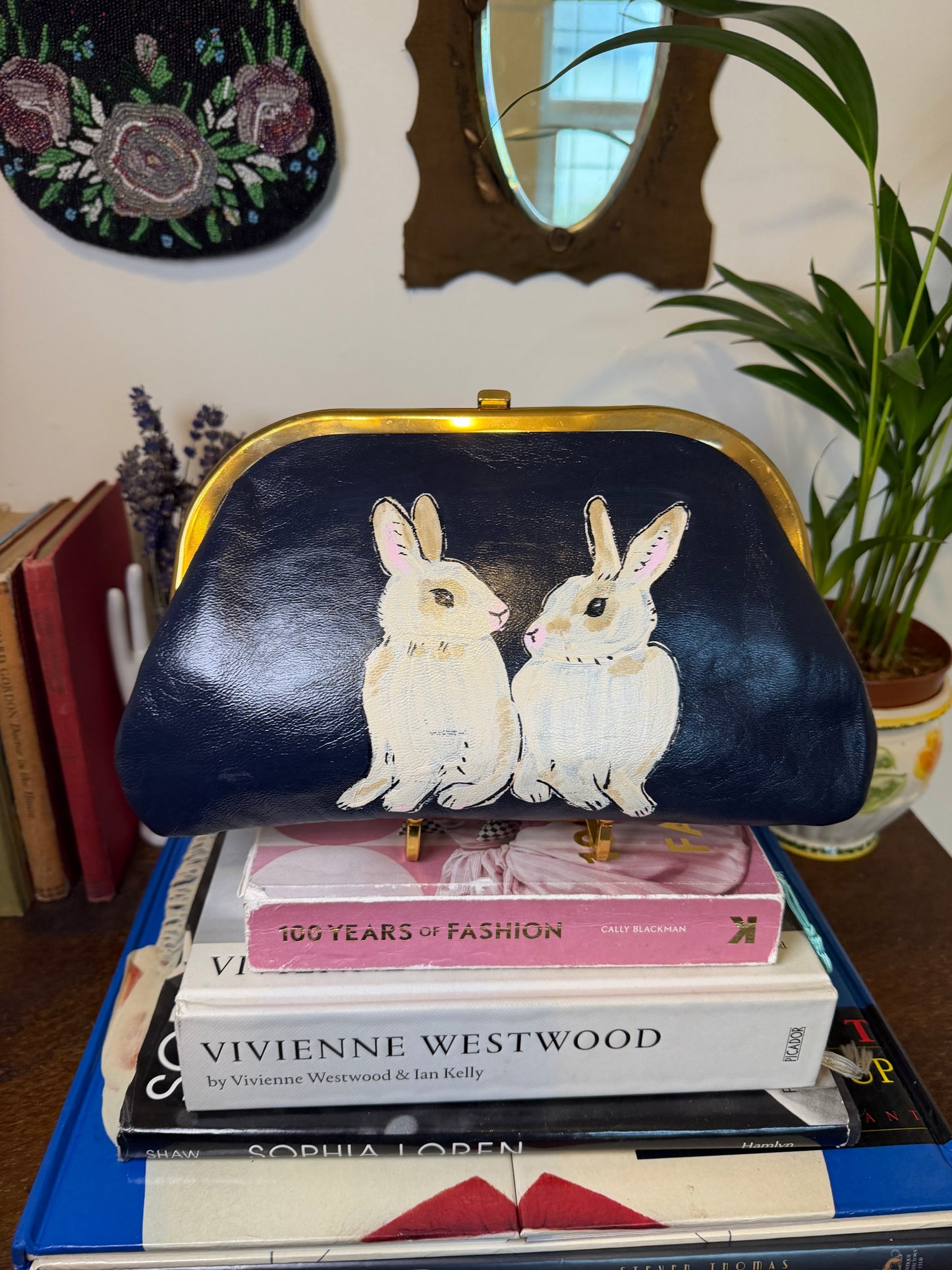 Vintage 1950s Hand Painted Navy Leather Clutch Bag